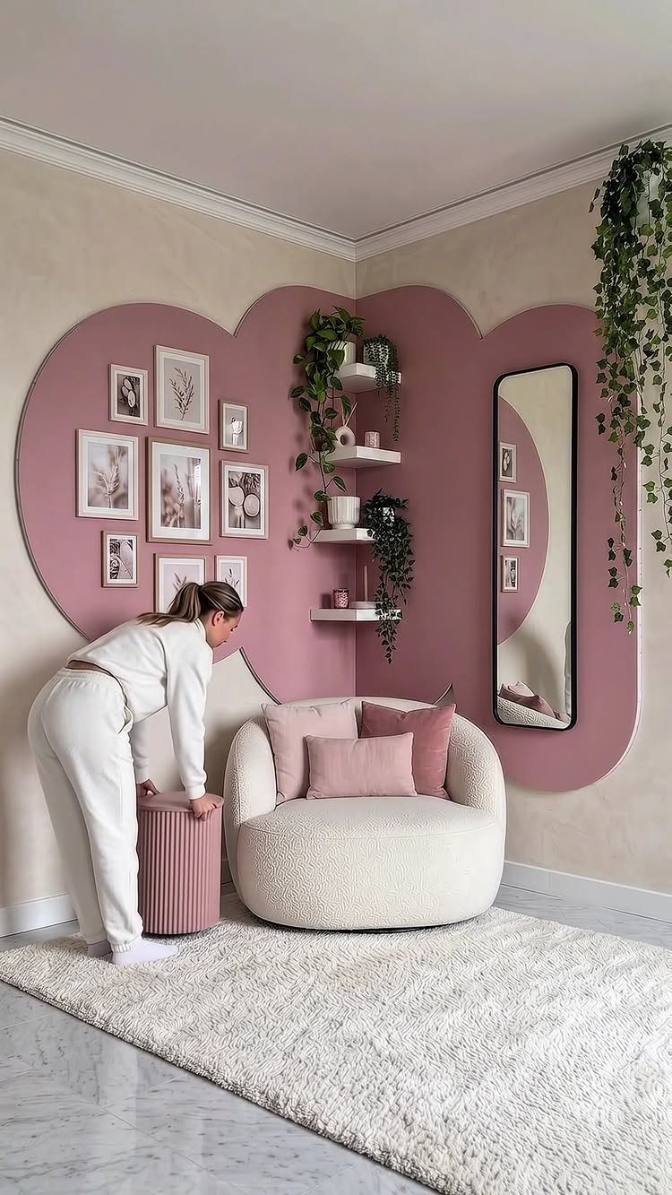 Woman standing by a cozy white swivel chair in a pink bedroom reading corner.