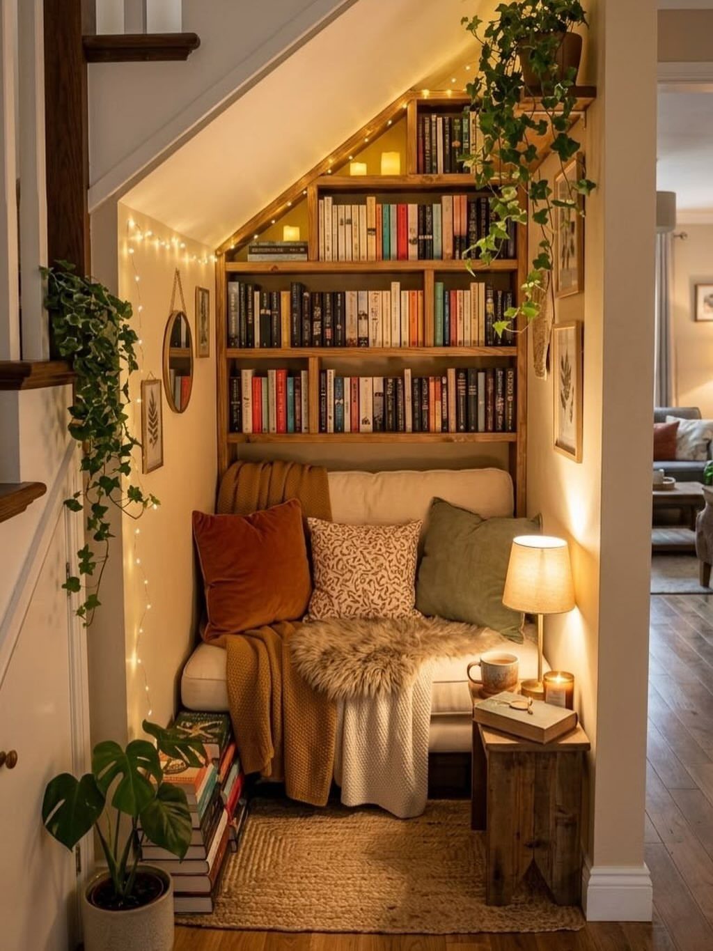 Cozy reading nook with a sofa and bookshelves tucked under a staircase.
