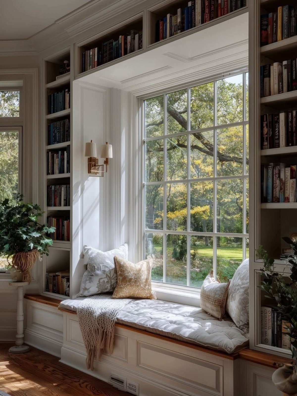 Window seat with white cushions and pillows surrounded by built-in bookshelves and a large window.