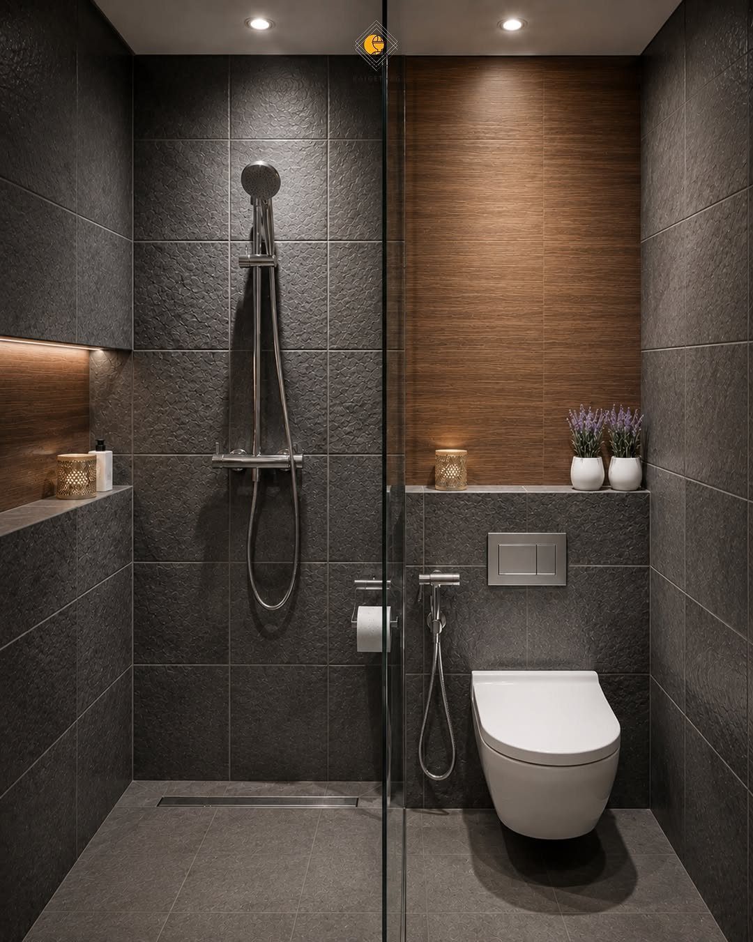 Modern bathroom with dark grey tiles, wood paneling, and warm indirect cove lighting.