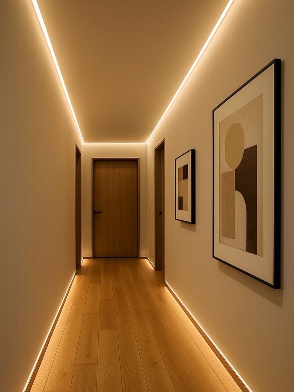 Hallway with warm indirect cove lighting along the ceiling and base of walls.