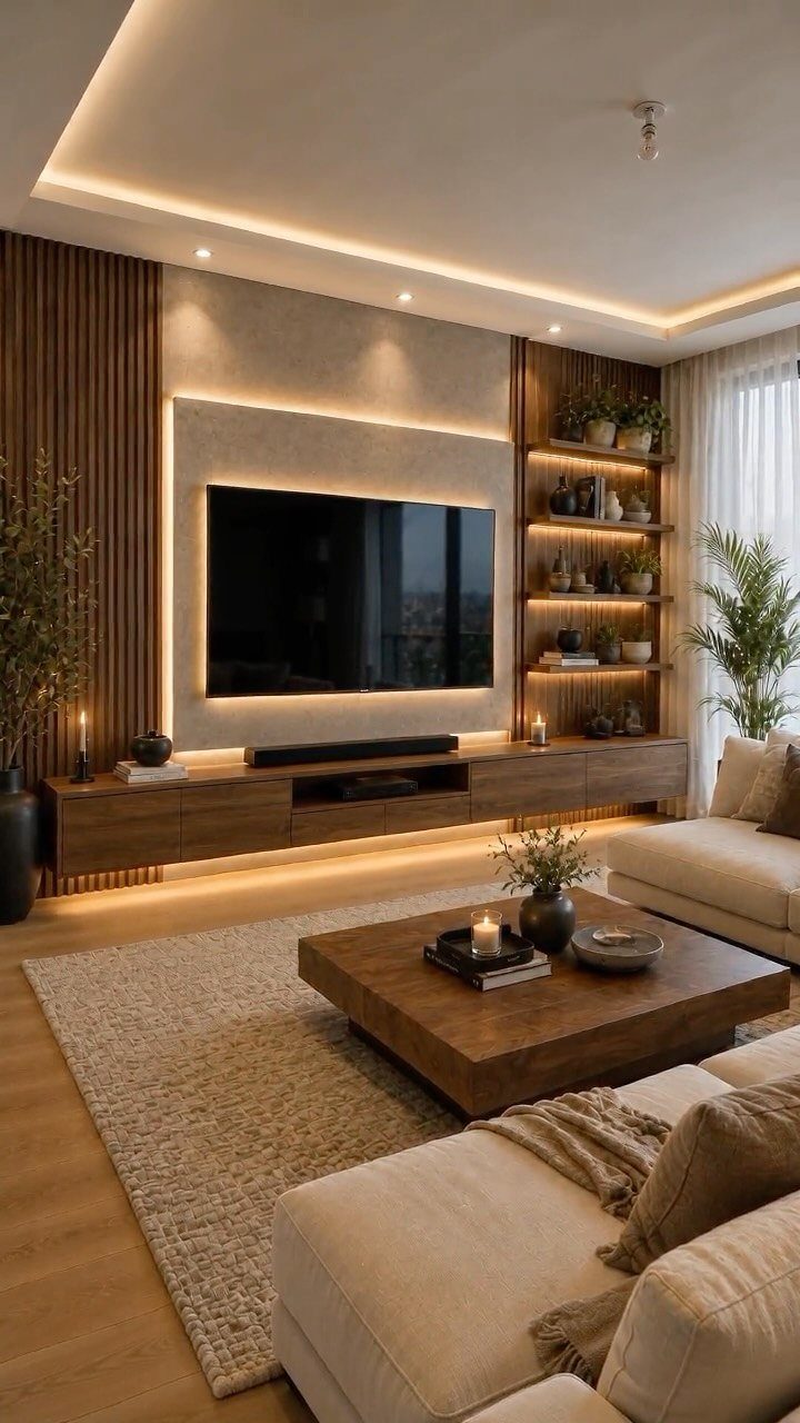 Modern living room with warm LED cove lighting in the ceiling and behind the TV.