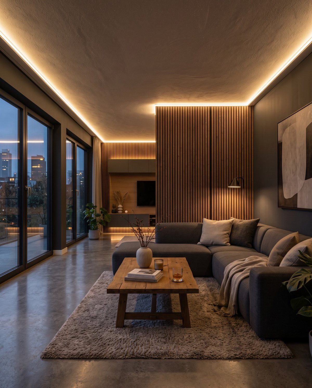Modern living room featuring warm indirect cove lighting along the ceiling and wooden walls.