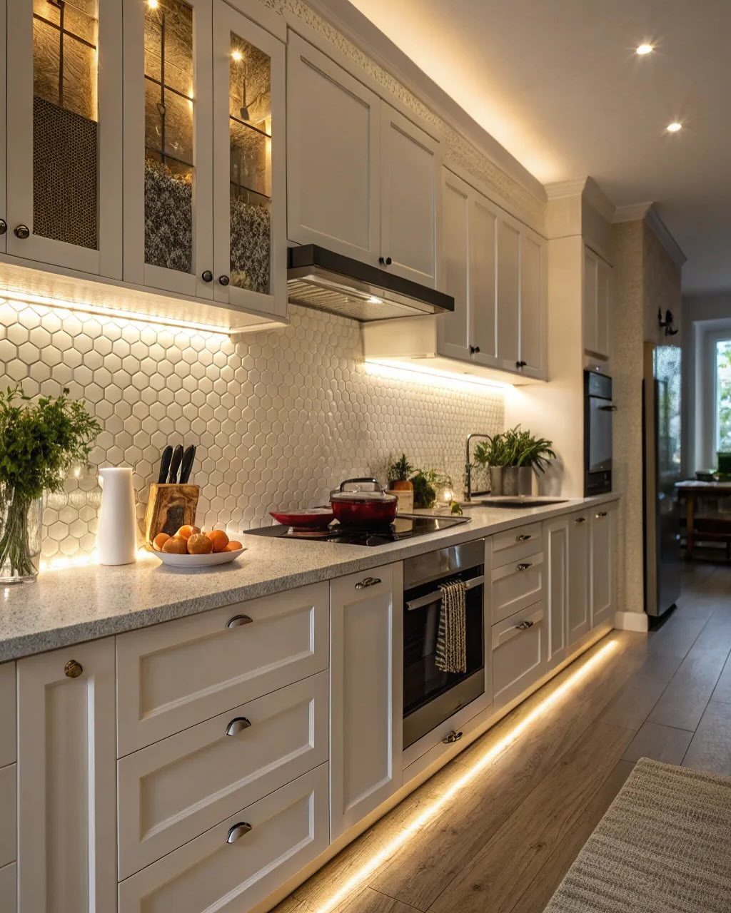 Modern kitchen featuring warm under-cabinet lighting, ceiling cove lights, and toe-kick lighting.
