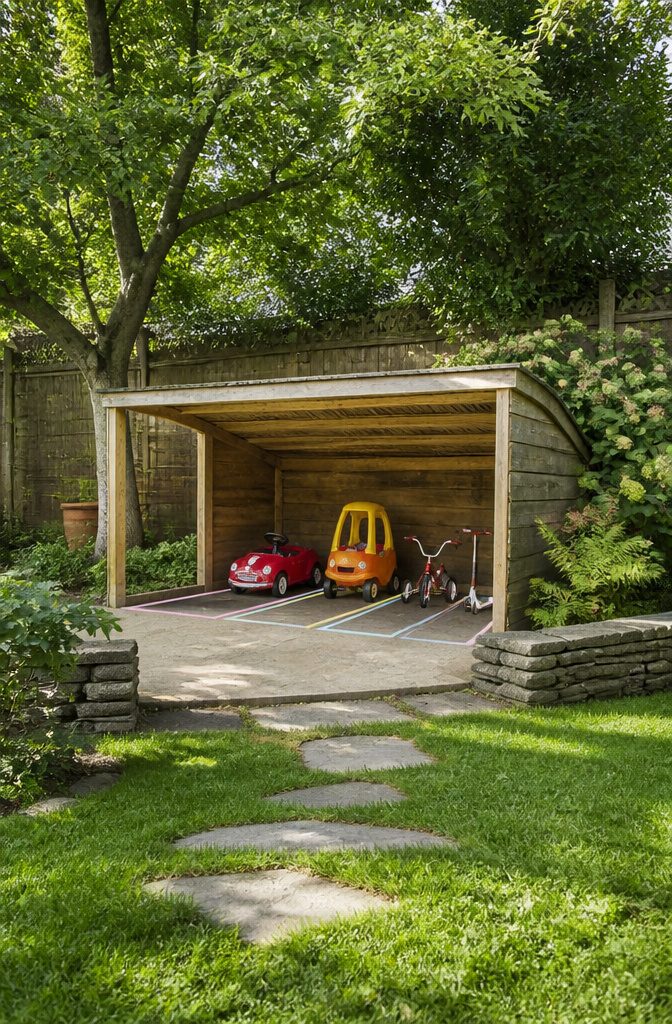 13 Kids Outdoor Toy Storage Ideas to Organize Every Yard (2026) 12 Roofed structure for storing kids' ride-on vehicles.