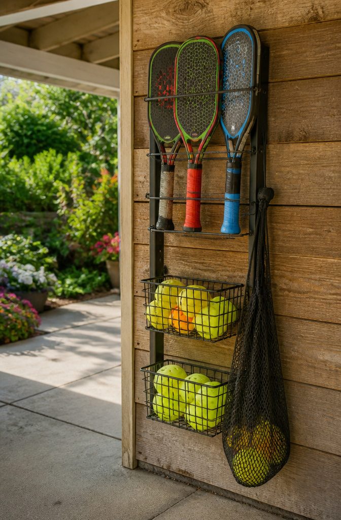 13 Kids Outdoor Toy Storage Ideas to Organize Every Yard (2026) 8 Wall-mounted bungee system holding tennis and pickleball rackets.