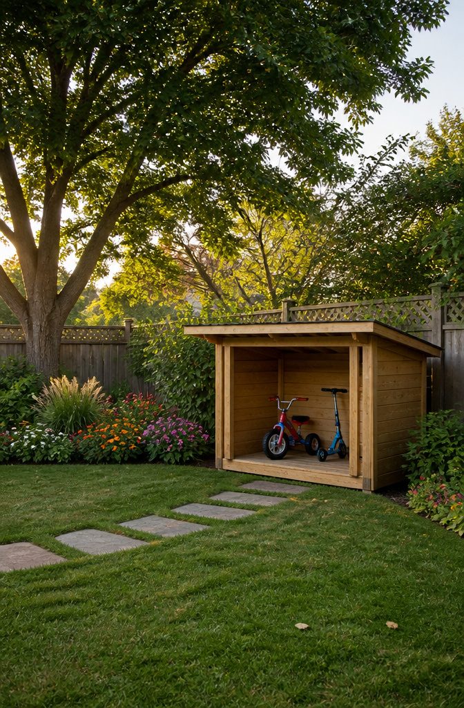 13 Kids Outdoor Toy Storage Ideas to Organize Every Yard (2026) 2 Small garage structure for storing kids' ride-on toys.