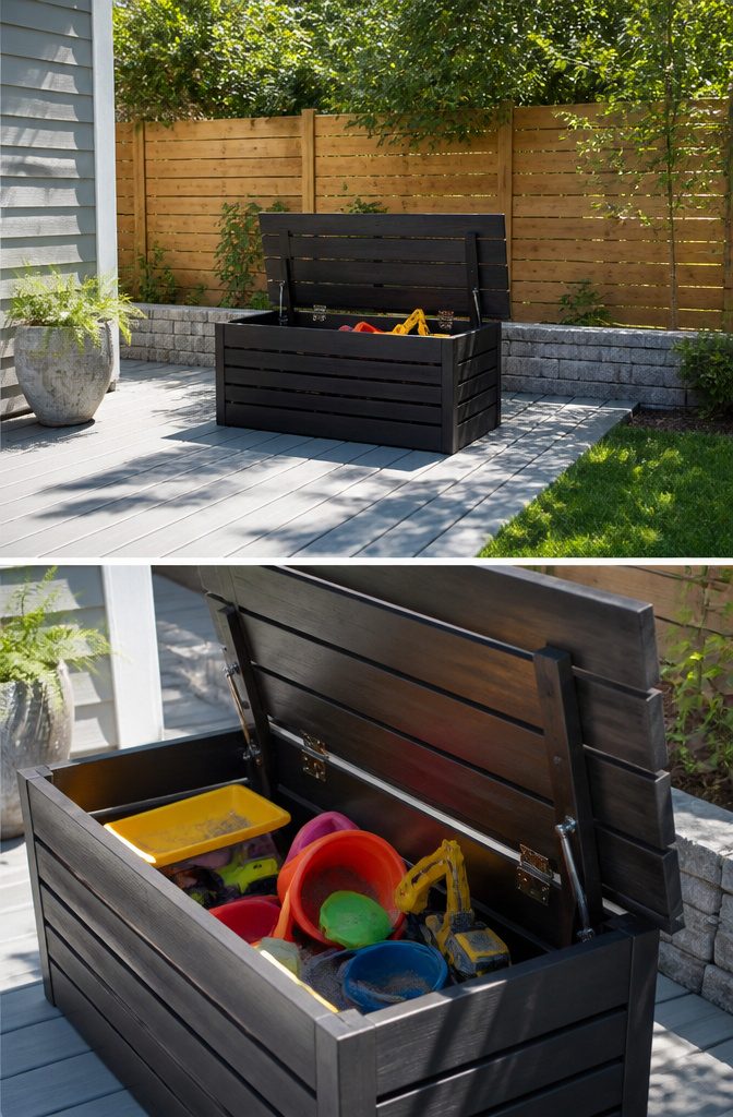 13 Kids Outdoor Toy Storage Ideas to Organize Every Yard (2026) 1 Wooden storage box with slatted sides holding outdoor toys.