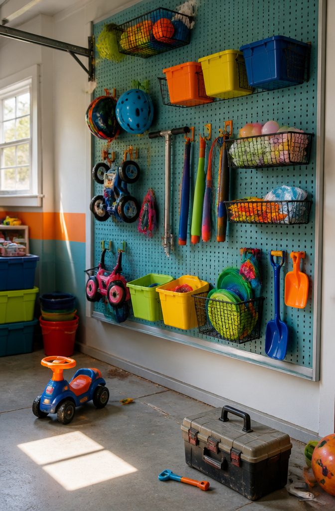 13 Kids Outdoor Toy Storage Ideas to Organize Every Yard (2026) 13 Painted pegboard with hooks for various outdoor toys.