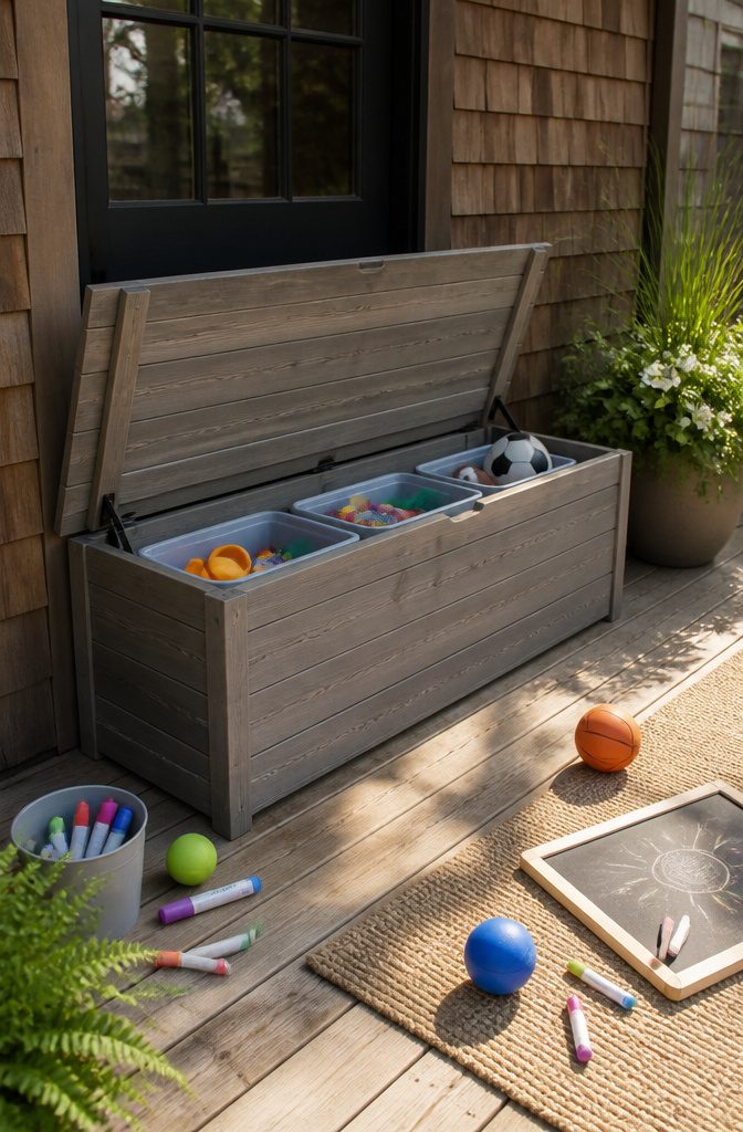 13 Kids Outdoor Toy Storage Ideas to Organize Every Yard (2026) 4 Wooden bench with a hinged lid for outdoor toy storage.