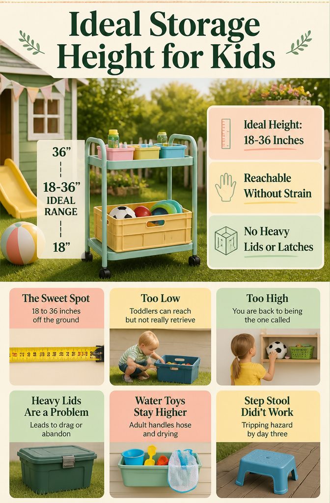 13 Kids Outdoor Toy Storage Ideas to Organize Every Yard (2026) 16 Diagram showing recommended storage heights for children's toys.