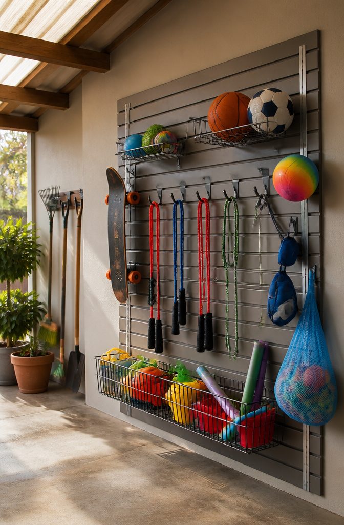 13 Kids Outdoor Toy Storage Ideas to Organize Every Yard (2026) 3 Vertical slatwall with hooks for various outdoor toys.