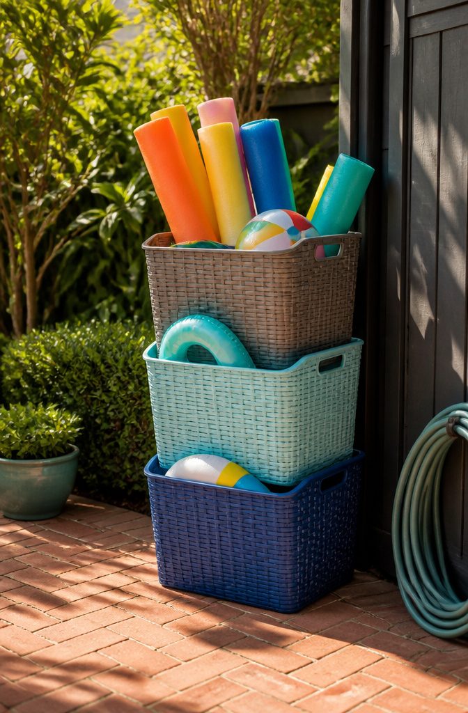 13 Kids Outdoor Toy Storage Ideas to Organize Every Yard (2026) 11 Tiered stack of resin baskets for storing pool toys.