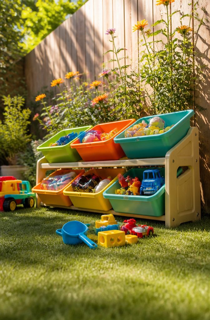 13 Kids Outdoor Toy Storage Ideas to Organize Every Yard (2026) 9 Open bins at kid height holding various outdoor toys.
