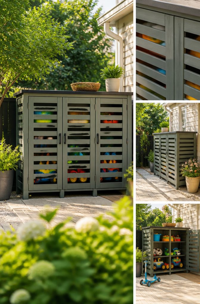 13 Kids Outdoor Toy Storage Ideas to Organize Every Yard (2026) 6 Toy storage cabinet with labeled shelves for different toy types.