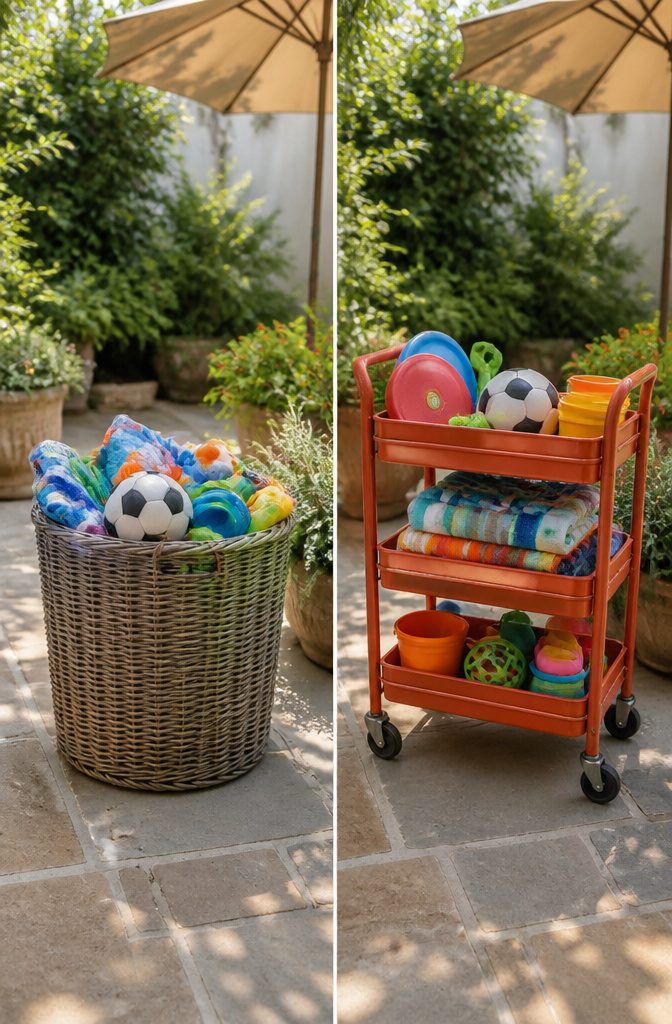 13 Kids Outdoor Toy Storage Ideas to Organize Every Yard (2026) 18 Metal library cart used for storing kids' outdoor toys.