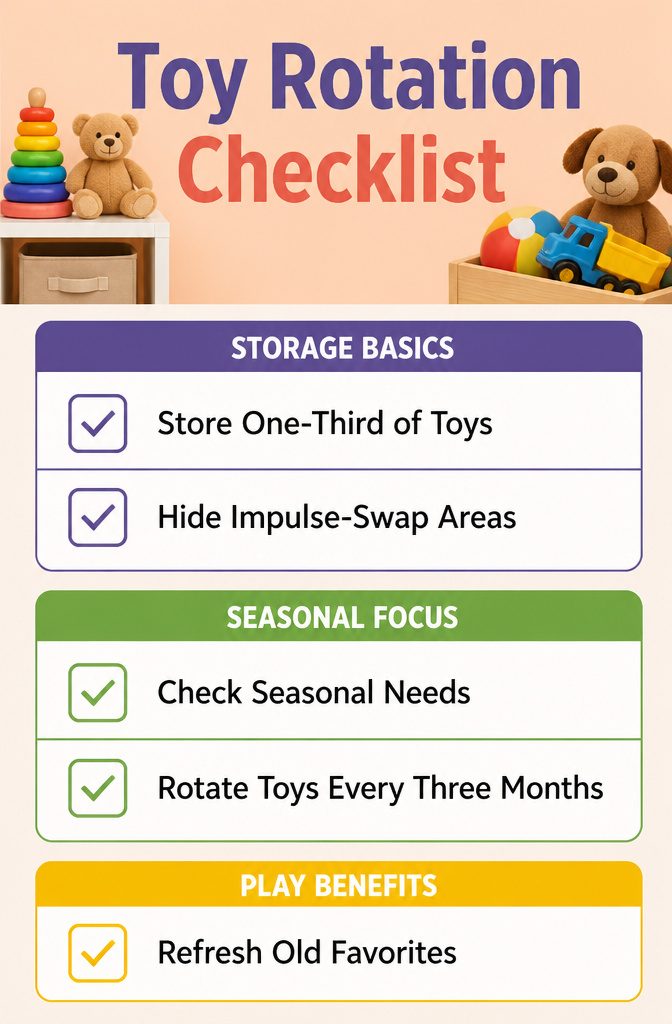 13 Kids Outdoor Toy Storage Ideas to Organize Every Yard (2026) 17 Checklist outlining a toy rotation strategy for children.