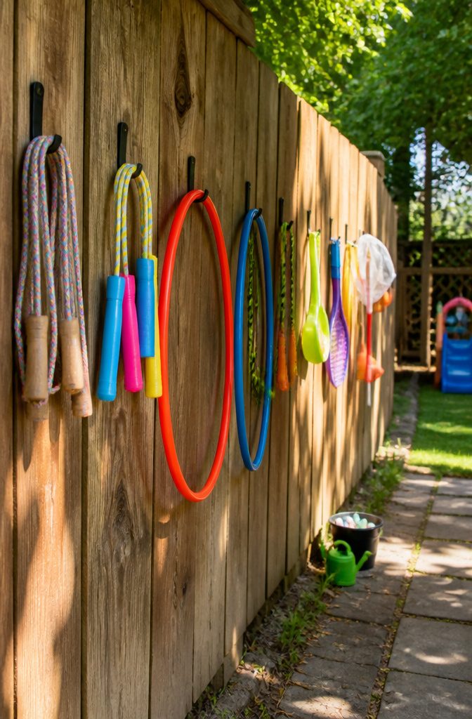 13 Kids Outdoor Toy Storage Ideas to Organize Every Yard (2026) 10 Colorful outdoor toys like jump ropes and hula hoops on hooks.