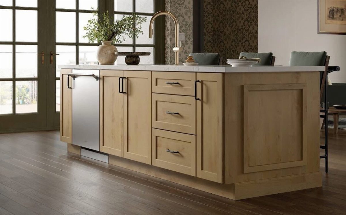 13 Kitchen Island Back Panel Ideas, From Beadboard to Stone 10 Light wood kitchen island with a recessed decorative side panel and white countertop.