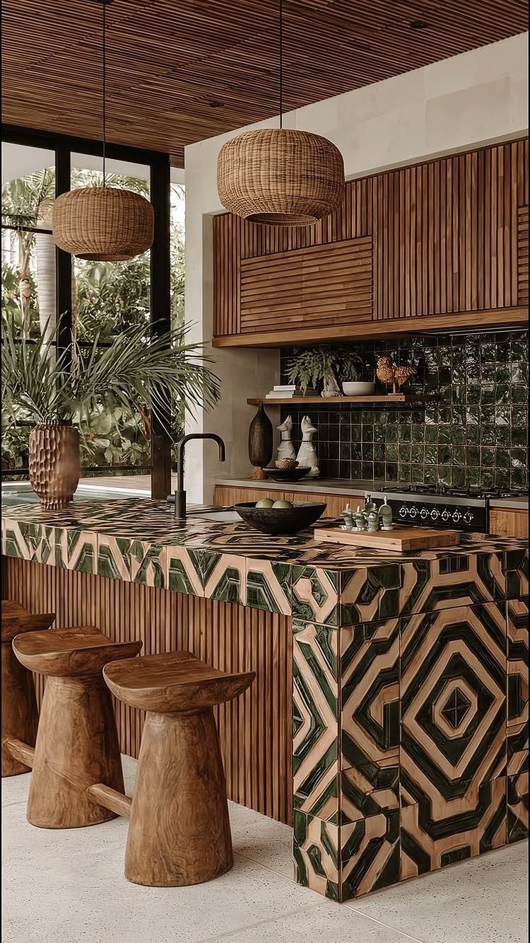 13 Kitchen Island Back Panel Ideas, From Beadboard to Stone 7 Kitchen island with green and beige geometric patterned tile panel and wooden stools.