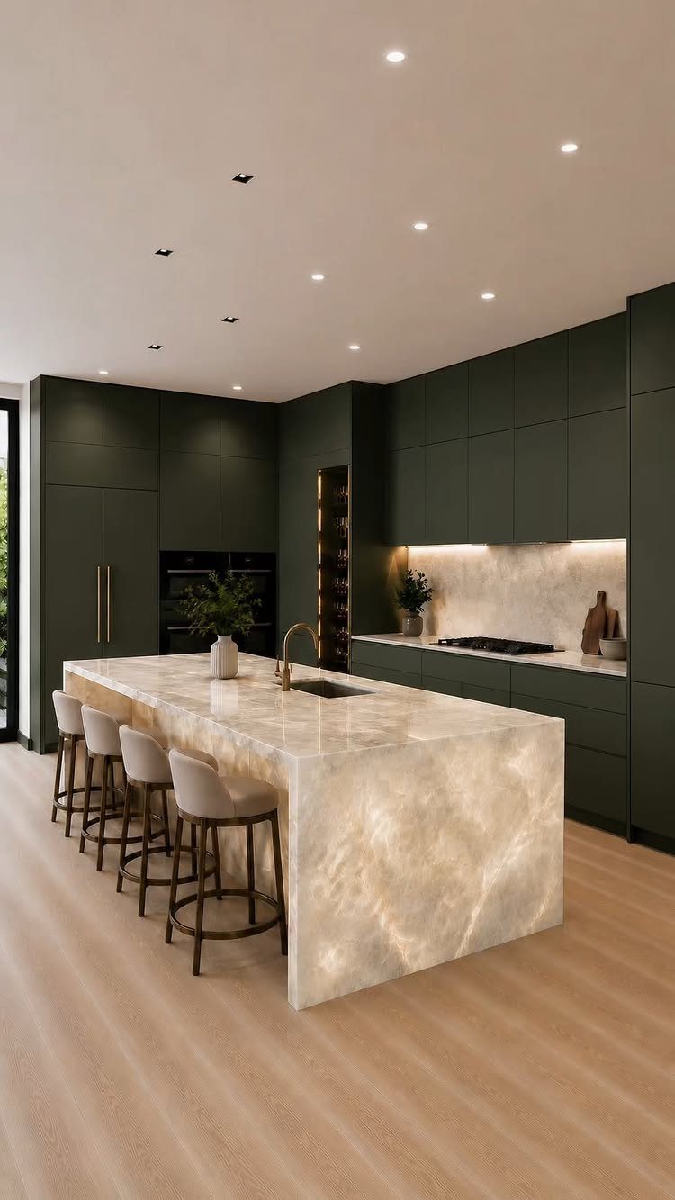 13 Kitchen Island Back Panel Ideas, From Beadboard to Stone 3 White marbled stone kitchen island with a waterfall edge and dark green cabinets.