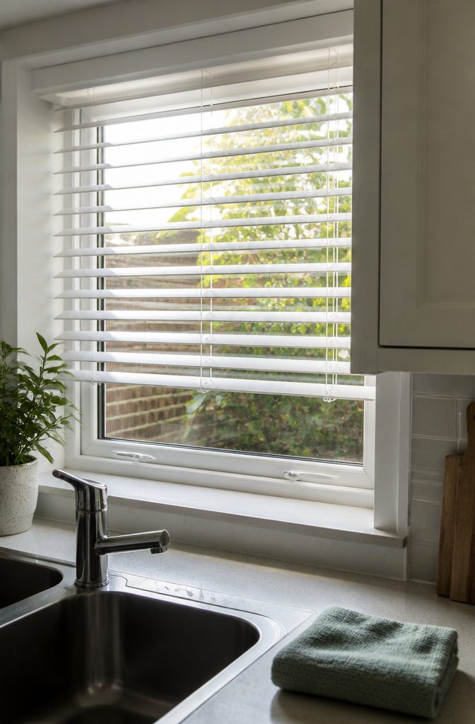 10 Ideas for a Kitchen With Small Window Light and Storage 13 White kitchen window frame with tilted clean blinds and visible weep holes.