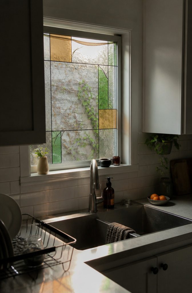 10 Ideas for a Kitchen With Small Window Light and Storage 6 Small kitchen window covered with translucent amber and green stained-glass-style film.