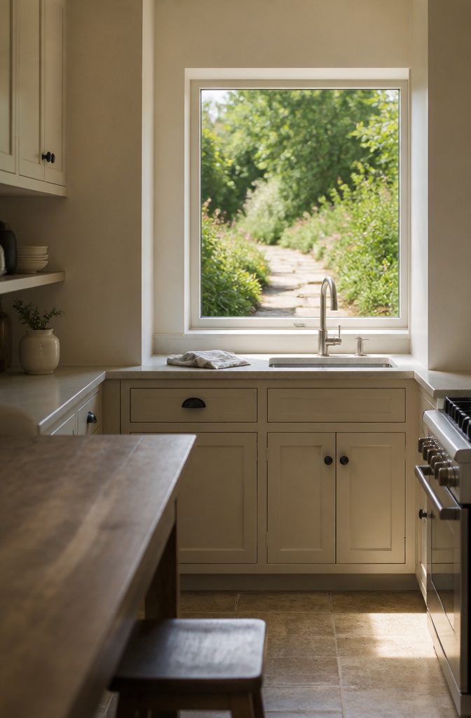 10 Ideas for a Kitchen With Small Window Light and Storage 8 Small kitchen window overlooking a leafy garden and low stone path.