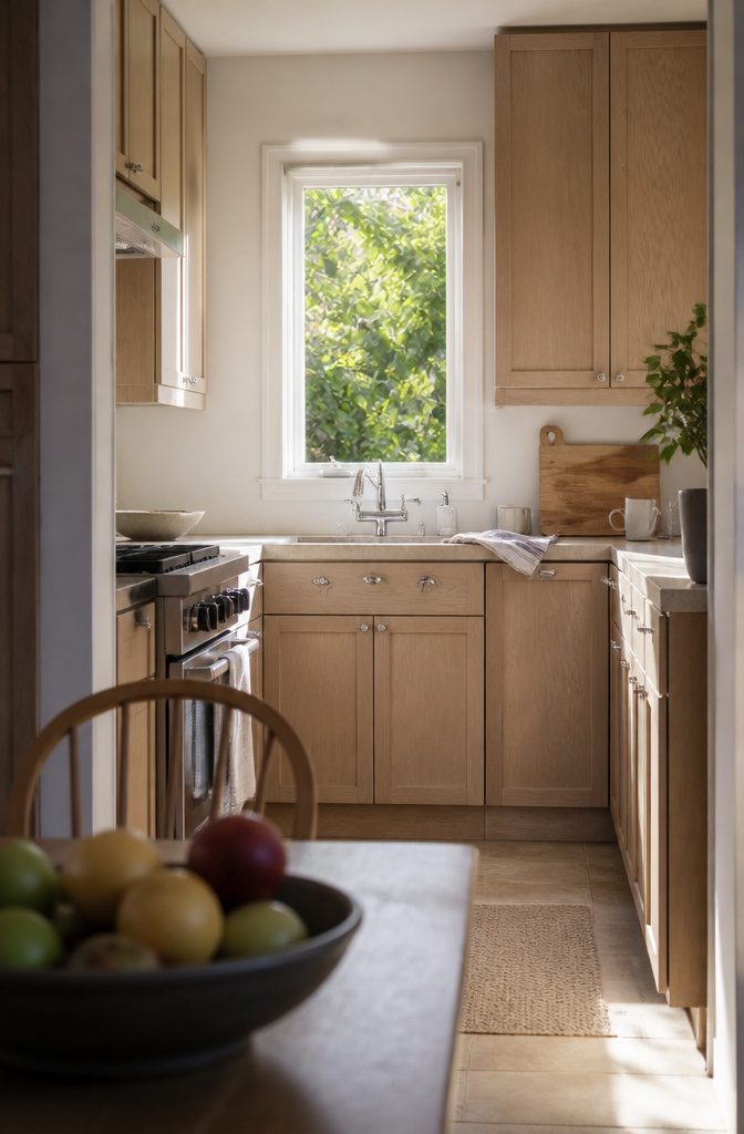 10 Ideas for a Kitchen With Small Window Light and Storage 1 Bare white-framed kitchen window with light oak cabinets and pale counters.