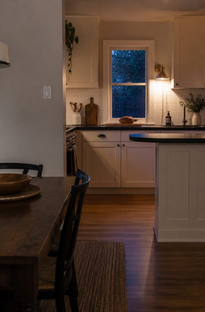 10 Ideas for a Kitchen With Small Window Light and Storage 7 Small kitchen window beside a brass wall sconce above the counter.