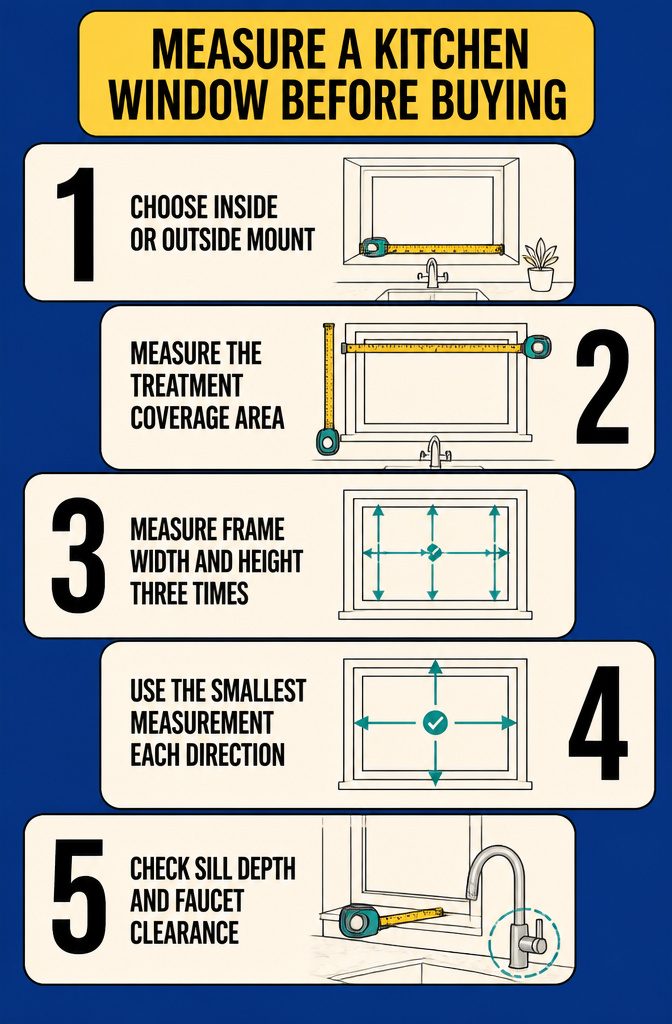 10 Ideas for a Kitchen With Small Window Light and Storage 12 Kitchen window measuring guide with numbered steps and measurement diagrams.