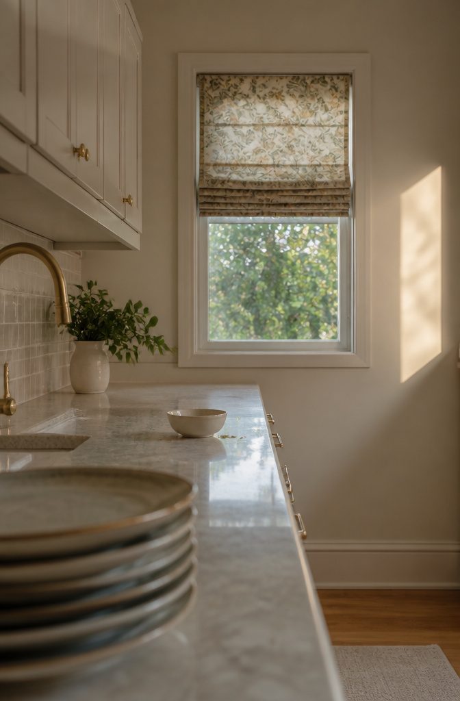 10 Ideas for a Kitchen With Small Window Light and Storage 5 Small kitchen window with a floral Roman shade folded above clear glass.