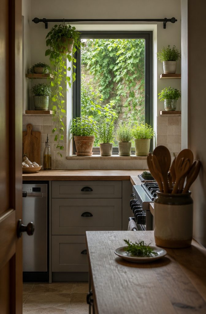 10 Ideas for a Kitchen With Small Window Light and Storage 2 Small kitchen window with herb pots on the sill and trailing plants beside it.