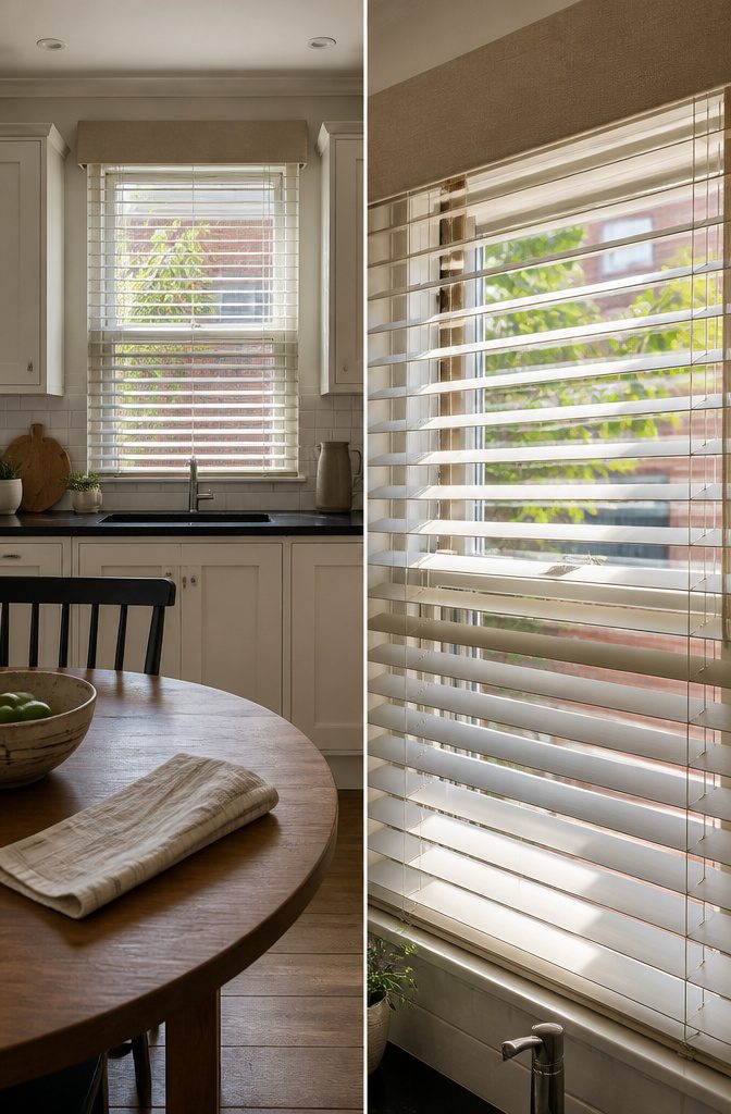10 Ideas for a Kitchen With Small Window Light and Storage 4 Small kitchen window fitted with adjustable-slat blinds and a fabric valance.