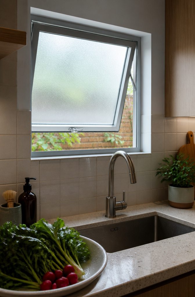 10 Ideas for a Kitchen With Small Window Light and Storage 9 Slim-framed awning window above a kitchen sink with pale cabinets nearby.