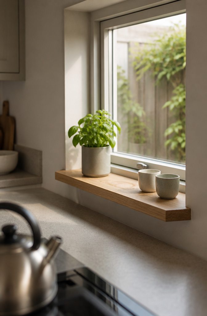 10 Ideas for a Kitchen With Small Window Light and Storage 10 Flush kitchen window with an attachable wood sill holding a few herbs.