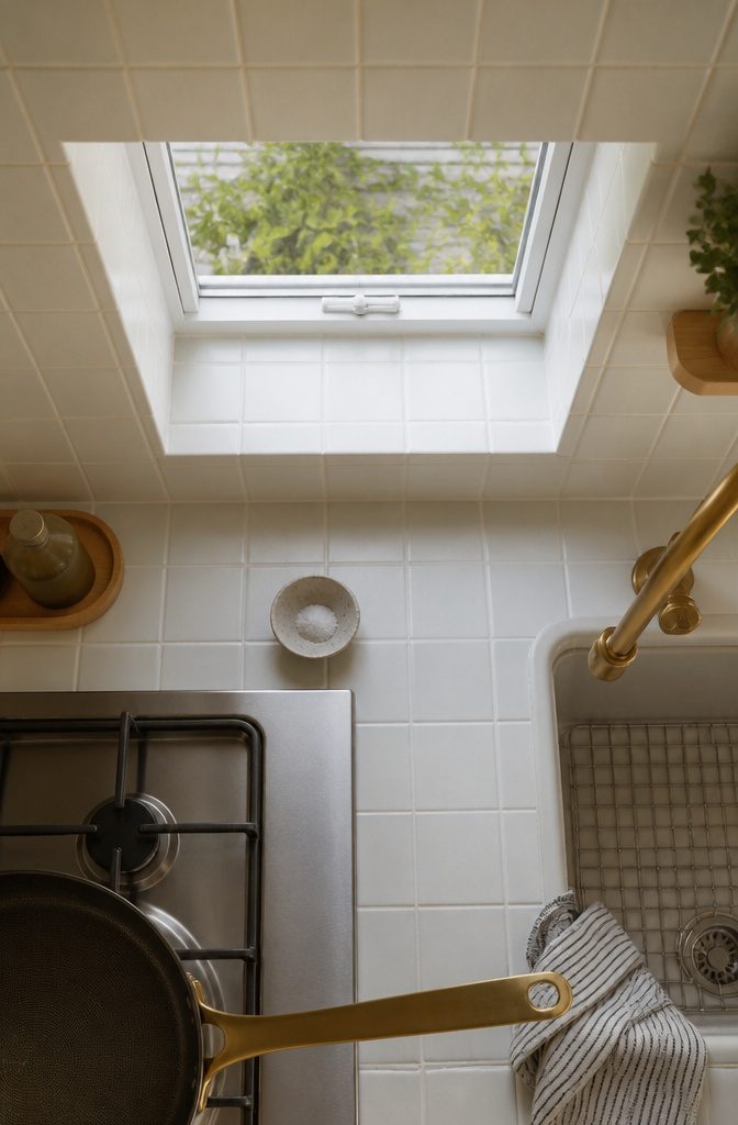 10 Ideas for a Kitchen With Small Window Light and Storage 11 Small kitchen window surrounded by pale matte tile and light grout.