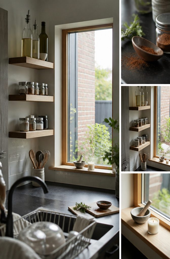 10 Ideas for a Kitchen With Small Window Light and Storage 3 Small kitchen window beside floating shelves holding clear spice jars.