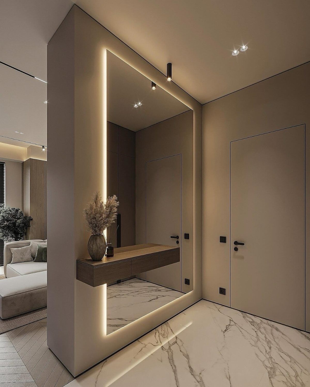 Large backlit floor mirror with wooden shelf in a modern beige living room