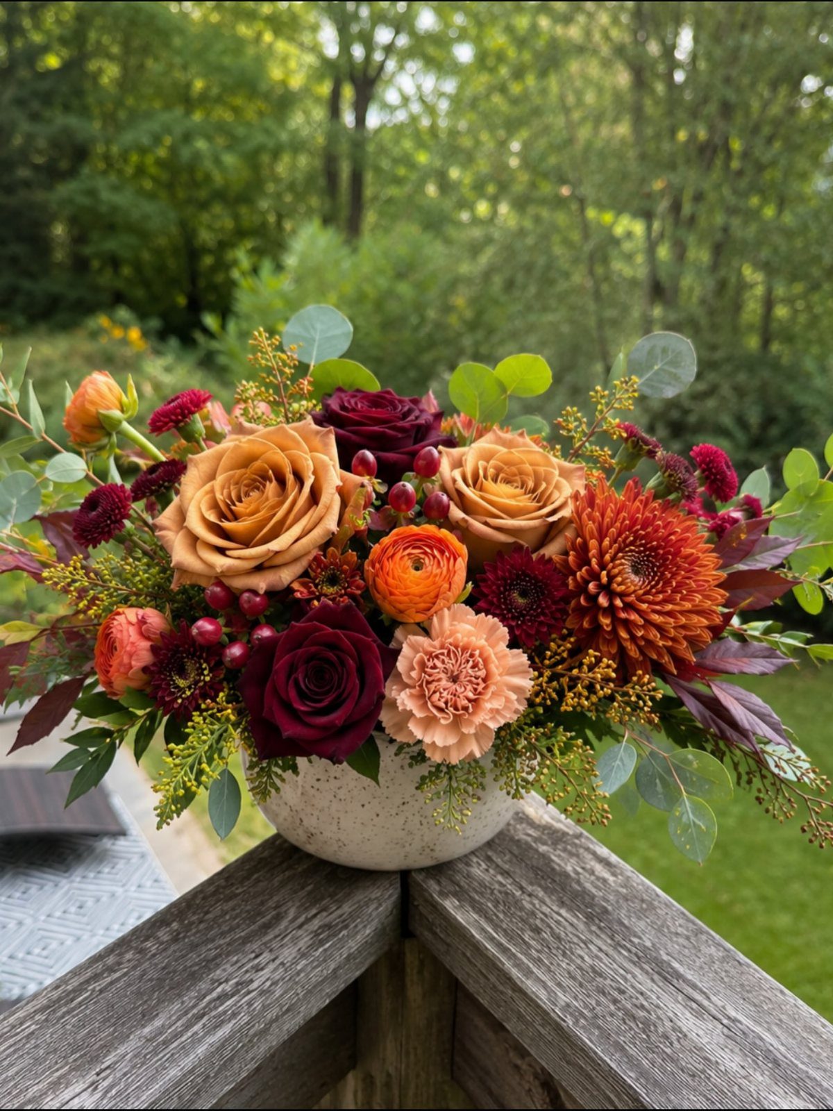Large Floral Centerpieces: 5 Ideas for Tables and Seasons 1 Autumn floral arrangement with orange and red roses in a white ceramic bowl.