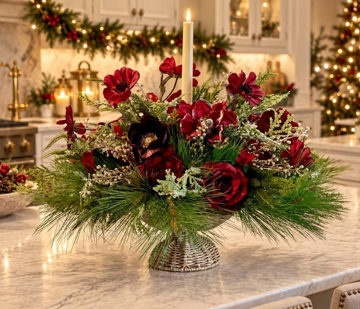 Large Floral Centerpieces: 5 Ideas for Tables and Seasons 4 Christmas floral centerpiece with red flowers and a candle on a marble counter.
