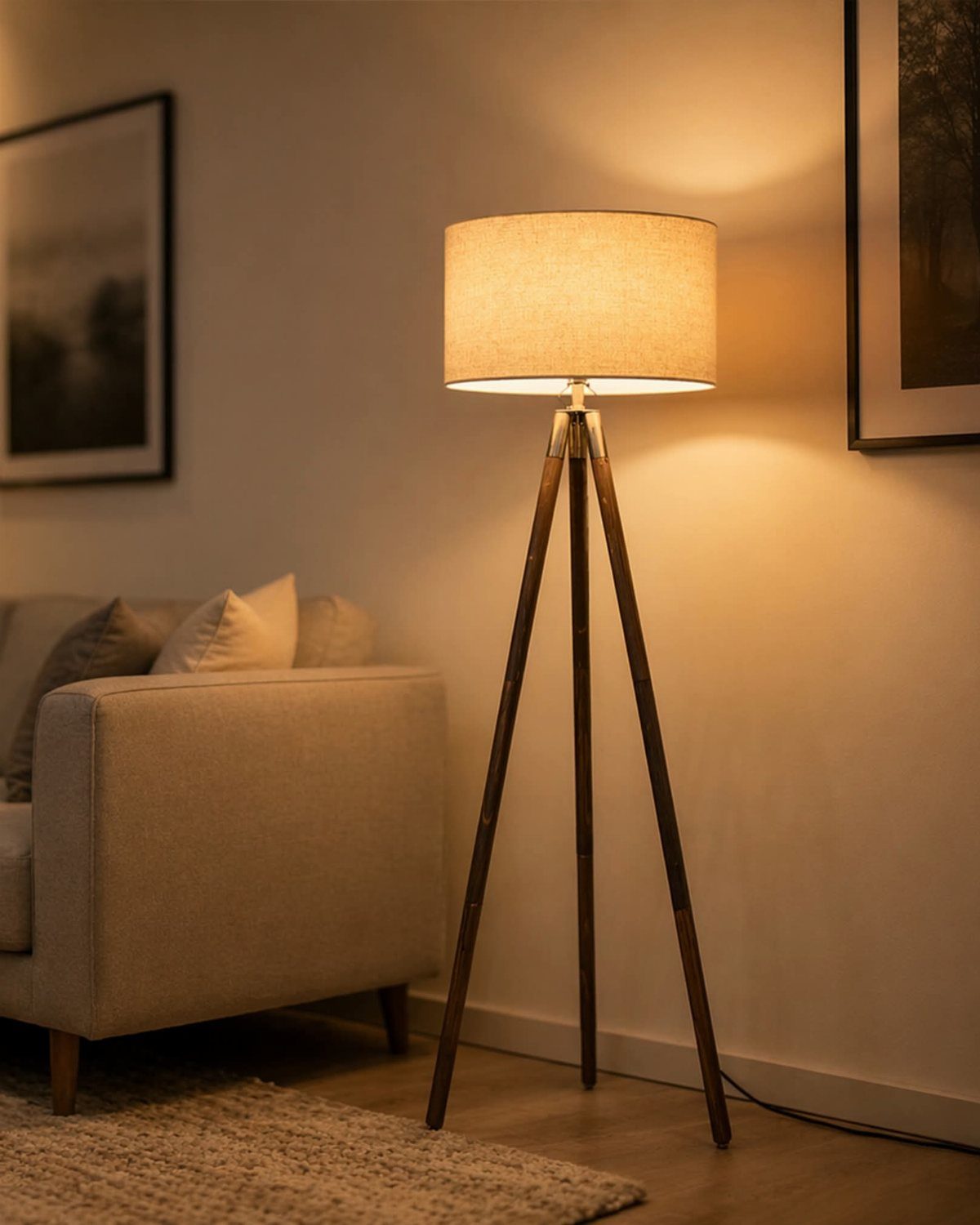 Lights for Room Decoration: 12 Ideas for Every Style in 2026 1 Tripod floor lamp with a beige shade illuminating a cozy living room corner.