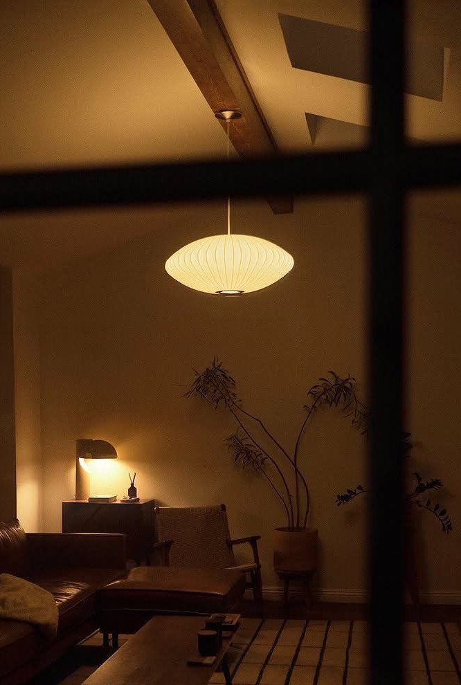 Lights for Room Decoration: 12 Ideas for Every Style in 2026 3 White ribbed pendant light hanging in a moody living room with a table lamp.