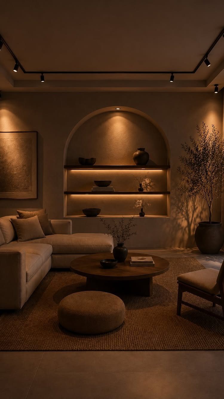 Lights for Room Decoration: 12 Ideas for Every Style in 2026 6 Modern living room with warm accent lighting and black ceiling track lights.