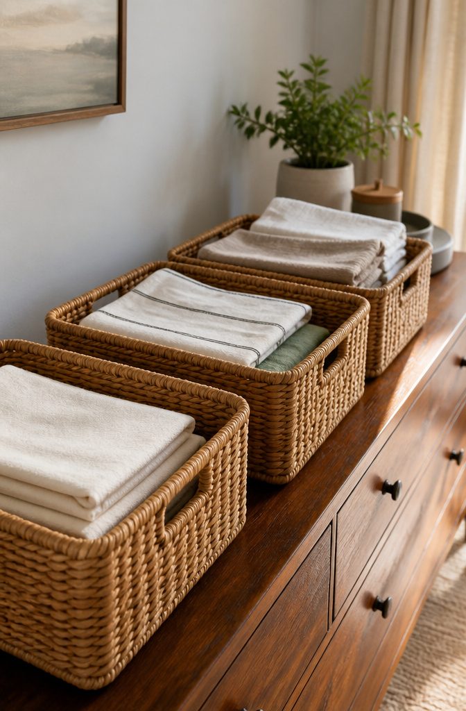 10 Linen Storage Ideas for Small Spaces in 2026 4 Neatly arranged seagrass baskets on a dresser, containing folded linens.