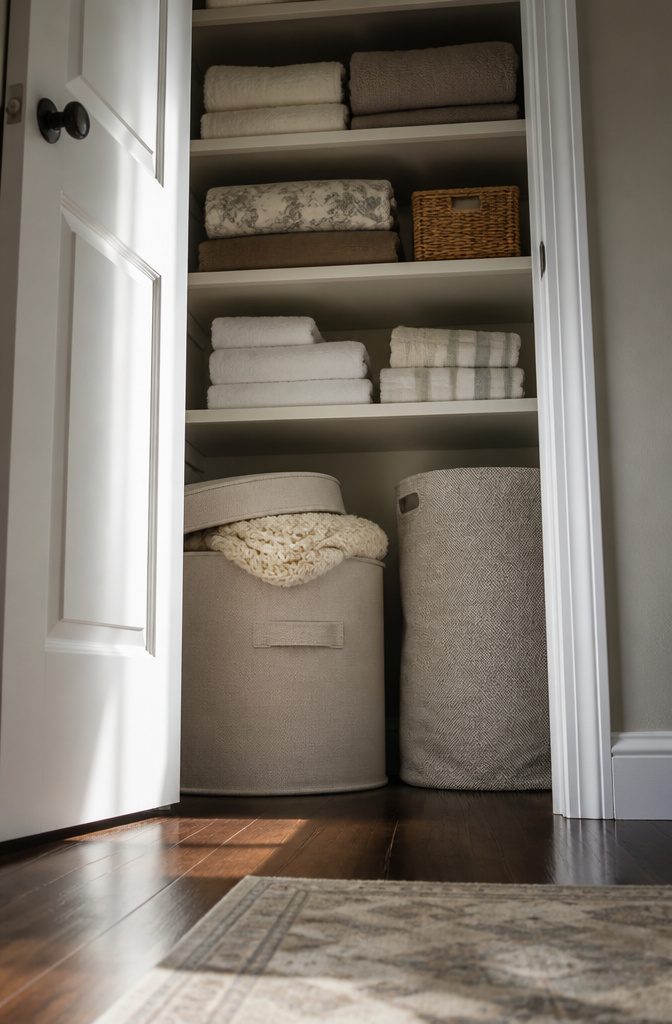 10 Linen Storage Ideas for Small Spaces in 2026 9 Bins and a laundry hamper on the floor of a linen closet.