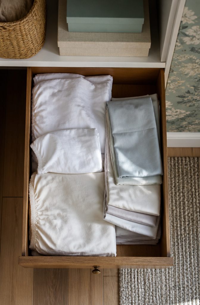 10 Linen Storage Ideas for Small Spaces in 2026 7 Drawers in a bedroom closet filled with neatly folded linens.