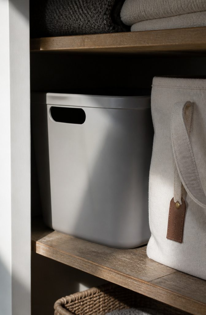 10 Linen Storage Ideas for Small Spaces in 2026 13 A labeled plastic bin in a closet, showing its contents.