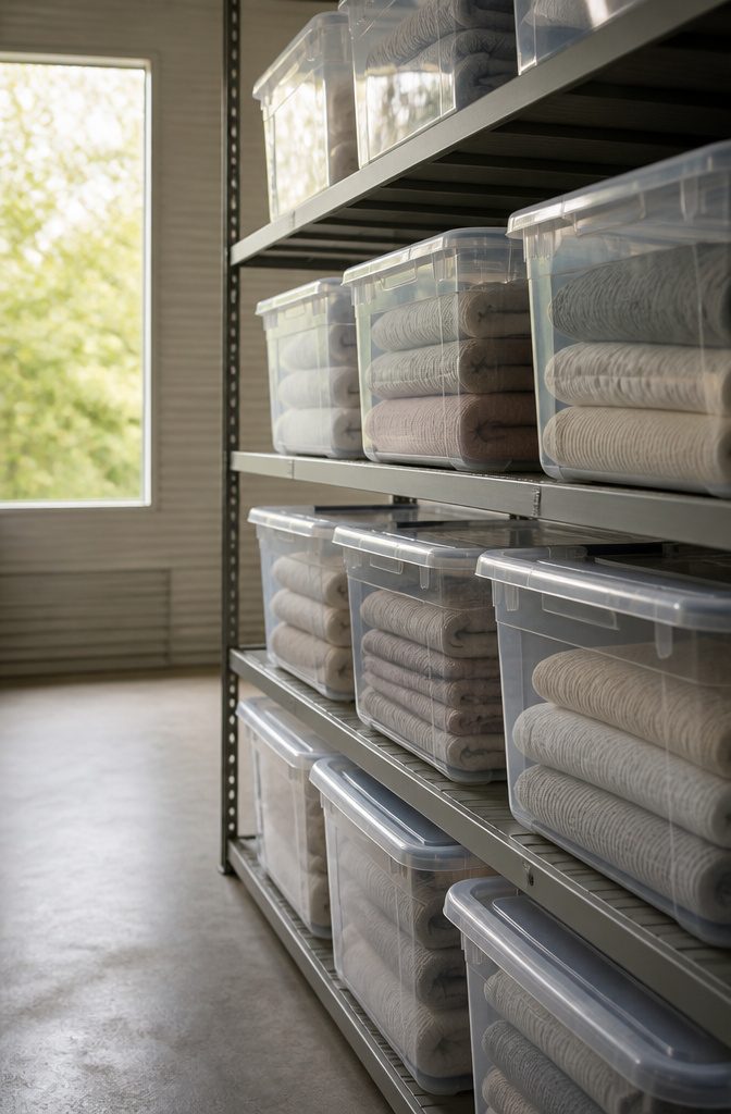 10 Linen Storage Ideas for Small Spaces in 2026 10 A climate-controlled storage unit holding bins of linens.