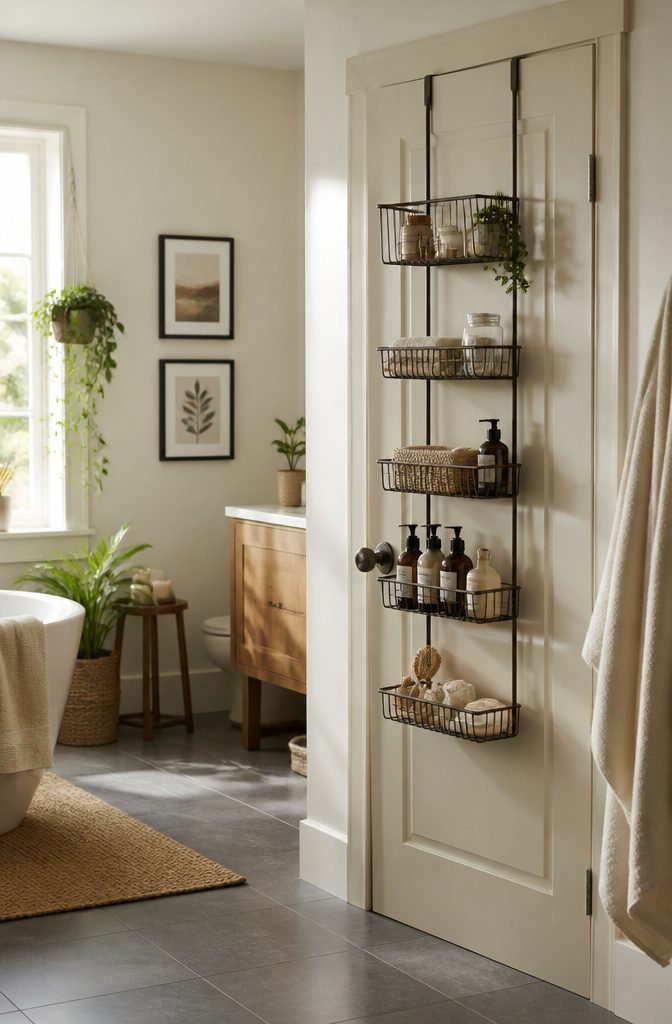 10 Linen Storage Ideas for Small Spaces in 2026 2 An over-the-door rack filled with toiletries and small items.